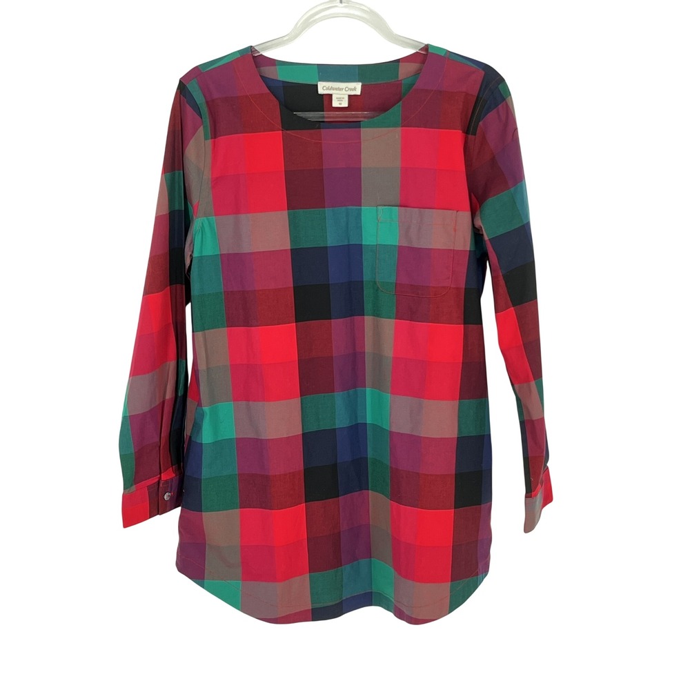 Coldwater Creek Womens Colorful Plaid Tunic 10 Cotton Pockets Teacher Dopamine